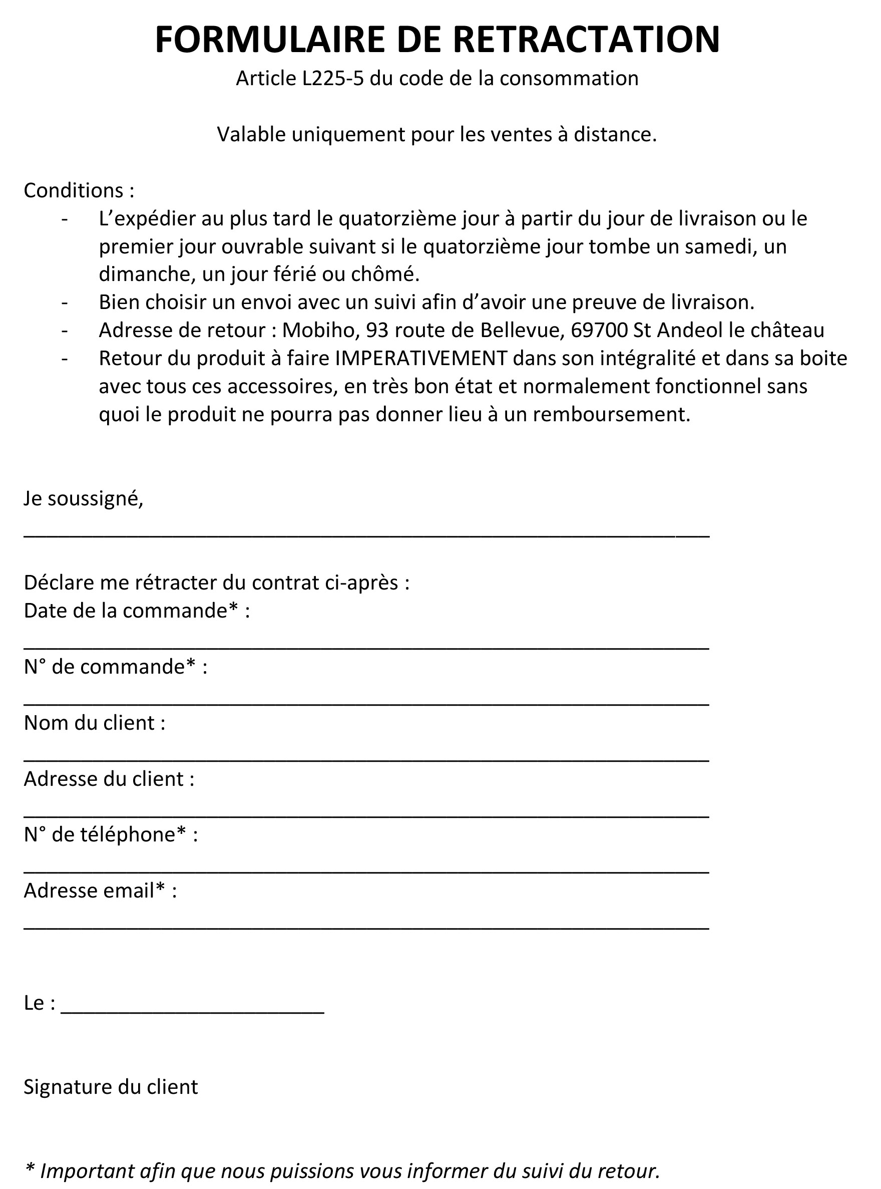 Livraisons et retours, droit de rétractation